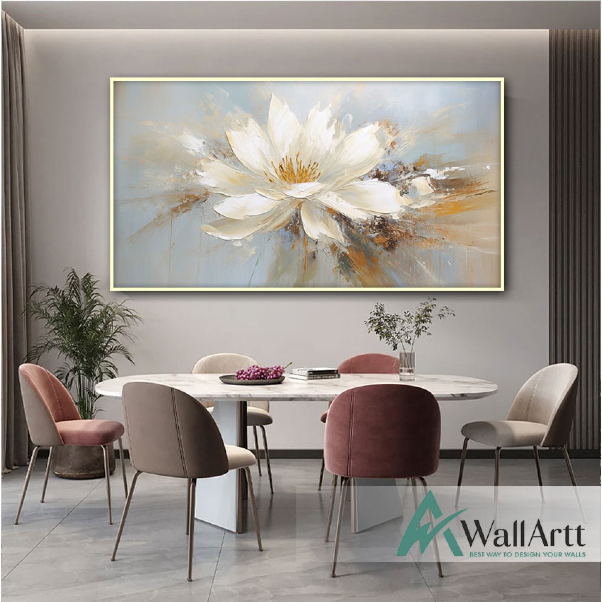 Offwhite Flower with Gold Foil 3d Heavy Textured Partial Oil Painting